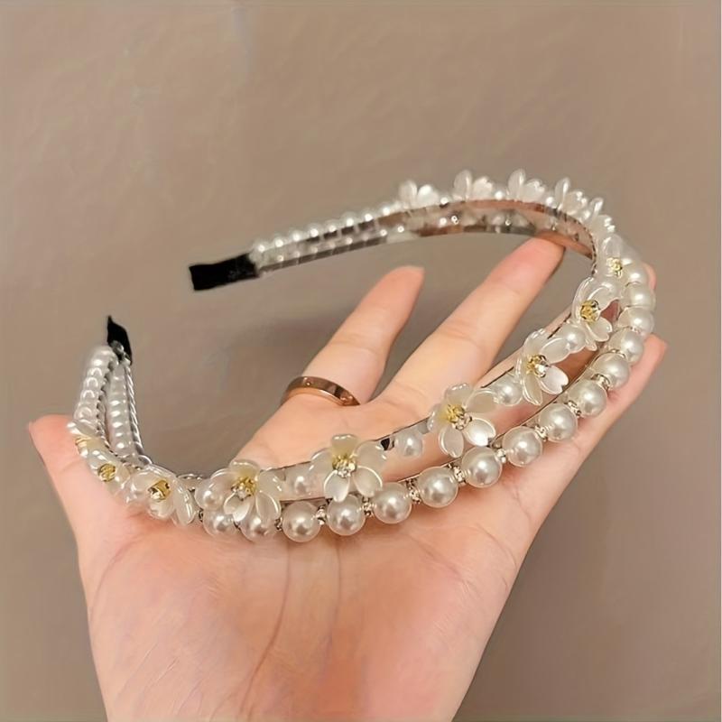 Faux Pearl Rhinestone Headband Two Layer Headdress Hair Accessories