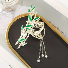 Golden Bamboo Pearl Tassel Hair Claw Clip Non Slip Strong Hold