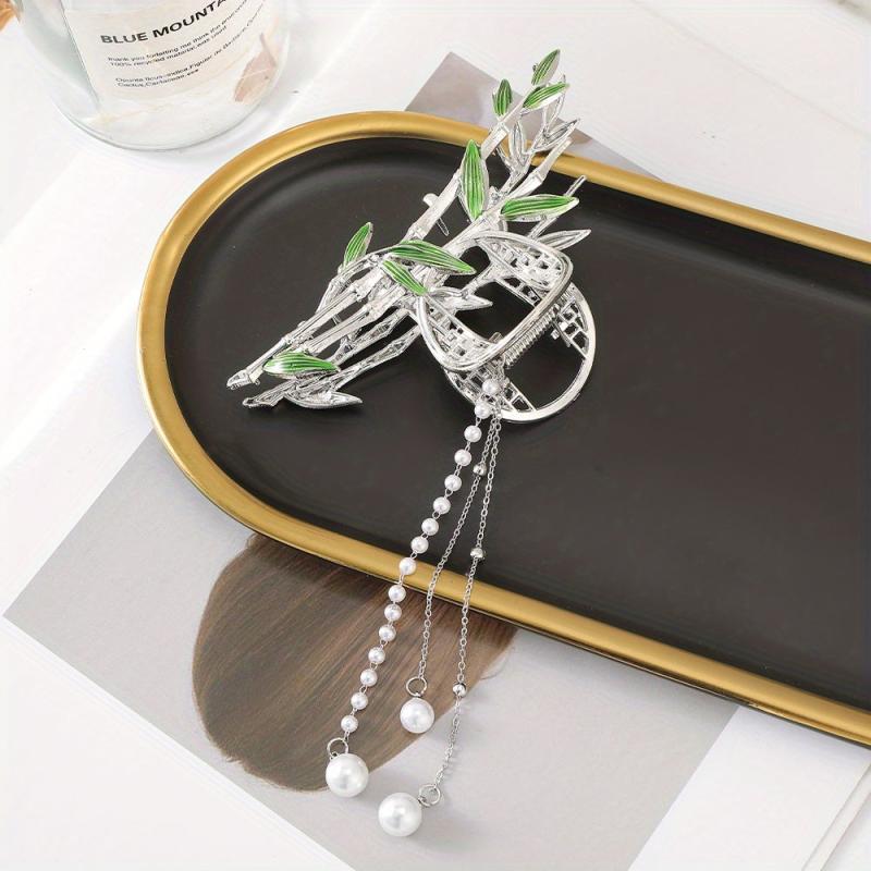 Golden Bamboo Pearl Tassel Hair Claw Clip Non Slip Strong Hold