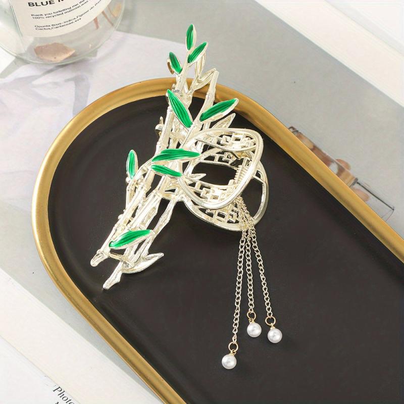 Golden Bamboo Pearl Tassel Hair Claw Clip Non Slip Strong Hold
