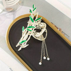 Golden Bamboo Pearl Tassel Hair Claw Clip Non Slip Strong Hold