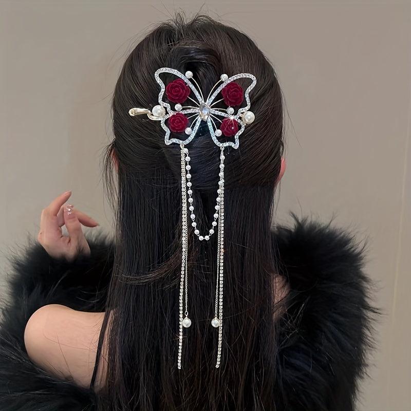 Vintage Butterfly Hair Pin Rhinestone Tassel Bun Holder