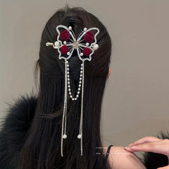Vintage Butterfly Hair Pin Rhinestone Tassel Bun Holder