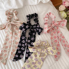 4pcs Floral Bow Hair Tie Ribbon Scarf Large Colorful Scrunchies