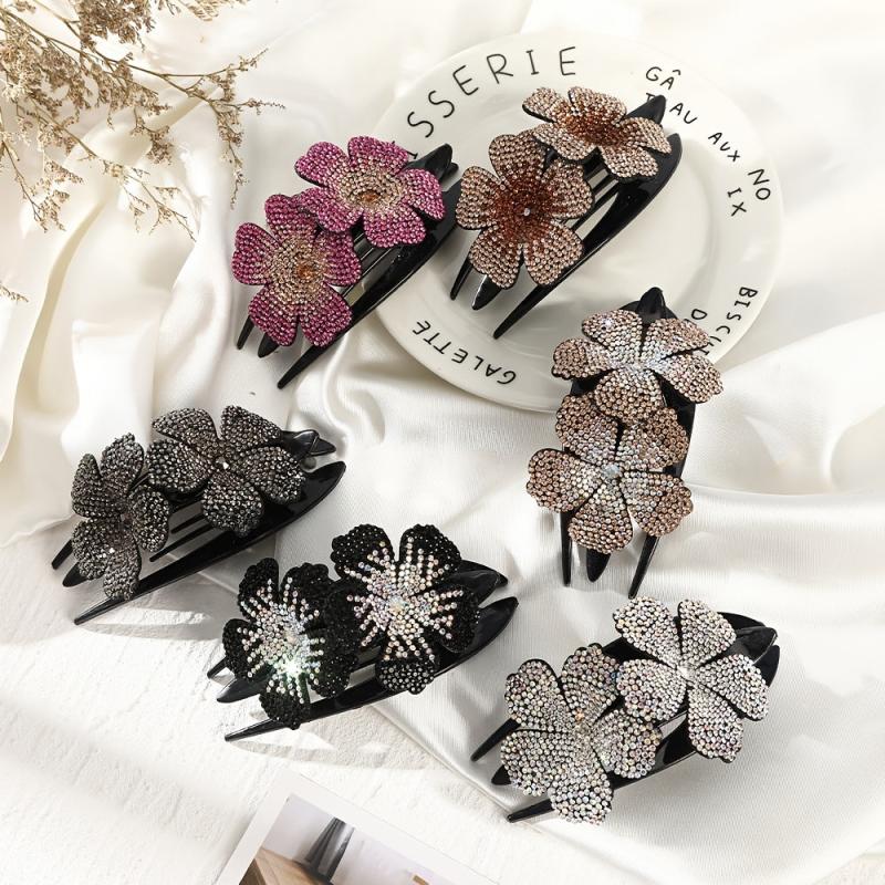 Flower Rhinestones Hair Clips Ponytail Clips Nonslip Women Hair Dovetail Clips