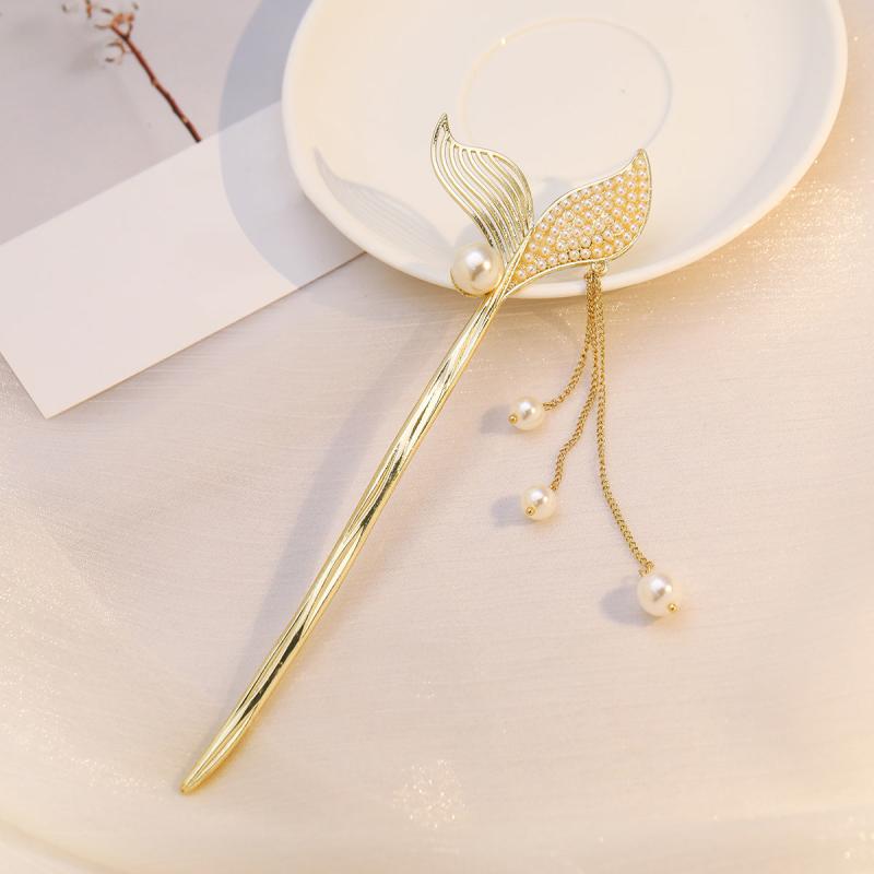 Fishtail Tassel Hair Pin Faux Pearl Rhinestone Golden Cheongsam Chignon Pins