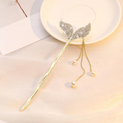 Fishtail Tassel Hair Pin Faux Pearl Rhinestone Golden Cheongsam Chignon Pins