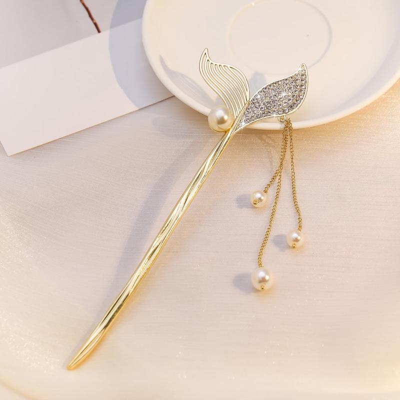 Fishtail Tassel Hair Pin Faux Pearl Rhinestone Golden Cheongsam Chignon Pins