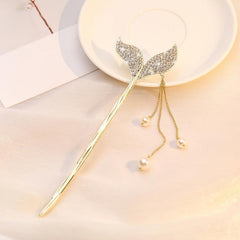 Fishtail Tassel Hair Pin Faux Pearl Rhinestone Golden Cheongsam Chignon Pins