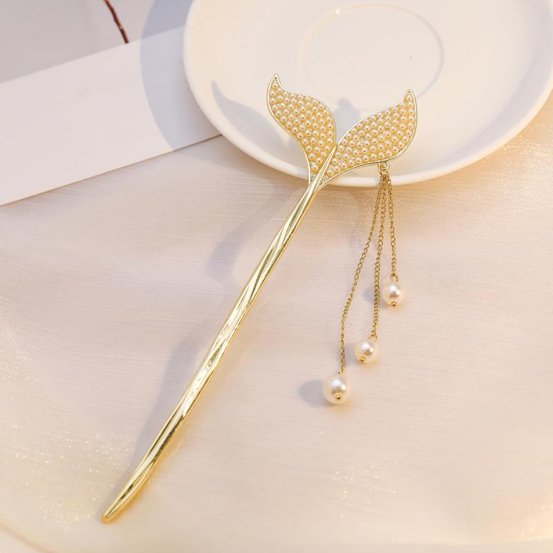 Fishtail Tassel Hair Pin Faux Pearl Rhinestone Golden Cheongsam Chignon Pins