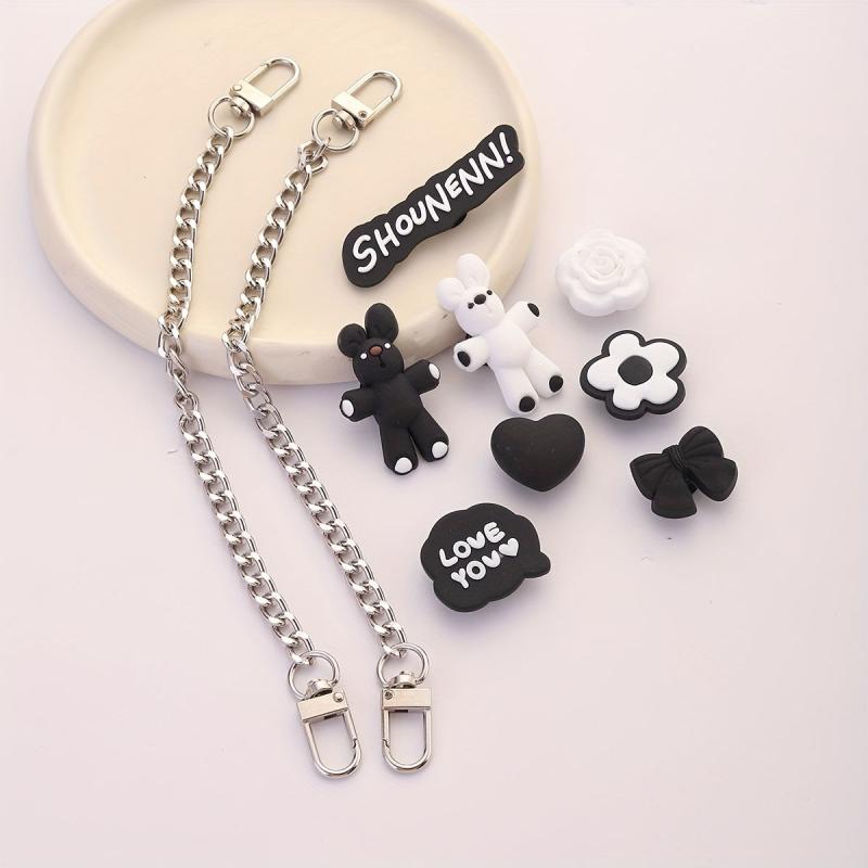 10pcs Cartoon Bunny Shoe Charm With Chain & Pattern Clogs Buckle