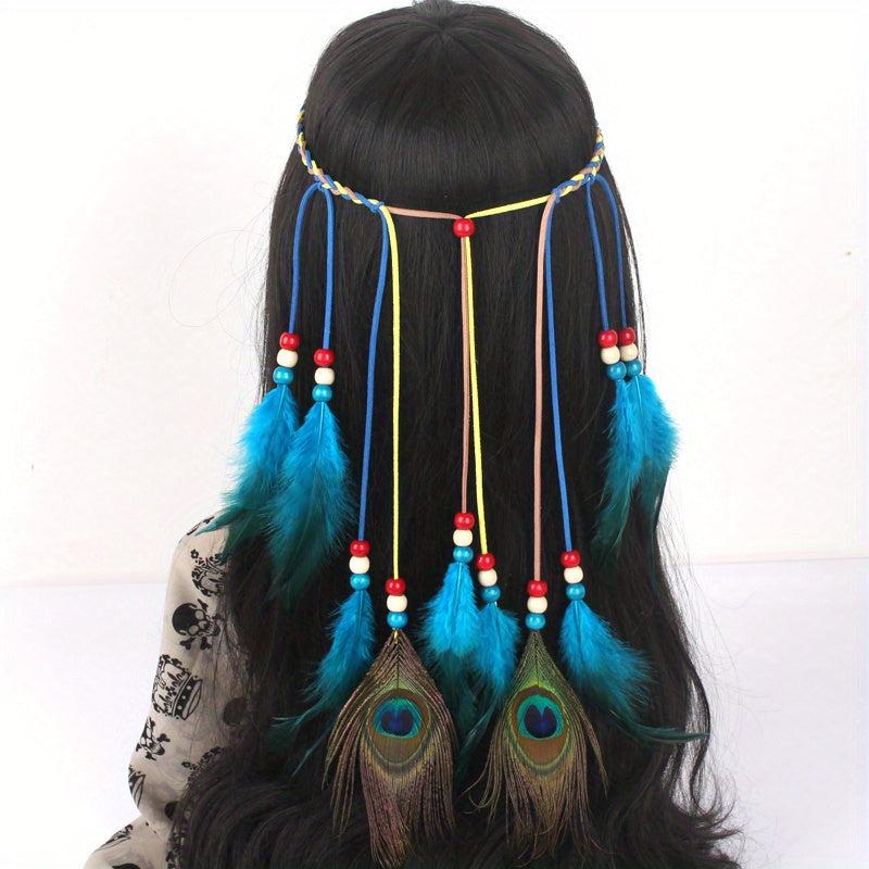 Boho Peacock Feather Hair Rope Headband Hippie Hair Accessories