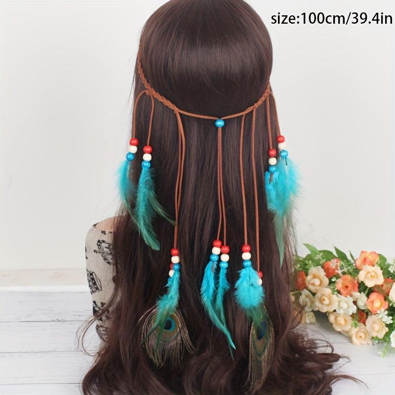 Boho Peacock Feather Hair Rope Headband Hippie Hair Accessories