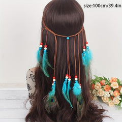 Boho Peacock Feather Hair Rope Headband Hippie Hair Accessories