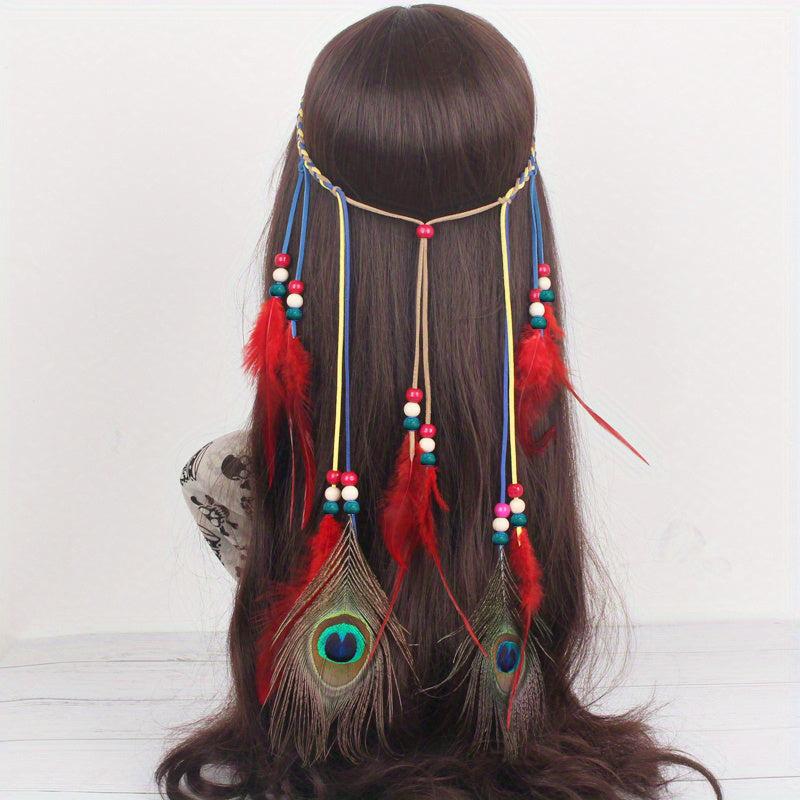 Boho Peacock Feather Hair Rope Headband Hippie Hair Accessories