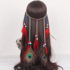 Boho Peacock Feather Hair Rope Headband Hippie Hair Accessories