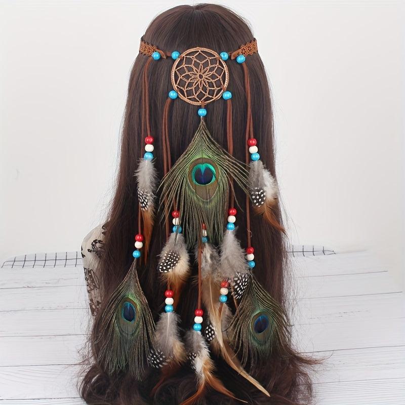 Boho Peacock Feather Hair Rope Headband Hippie Hair Accessories