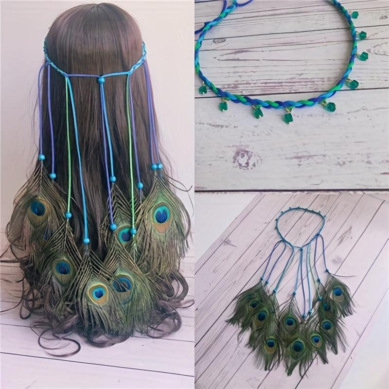 Boho Peacock Feather Hair Rope Headband Hippie Hair Accessories