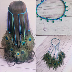 Boho Peacock Feather Hair Rope Headband Hippie Hair Accessories
