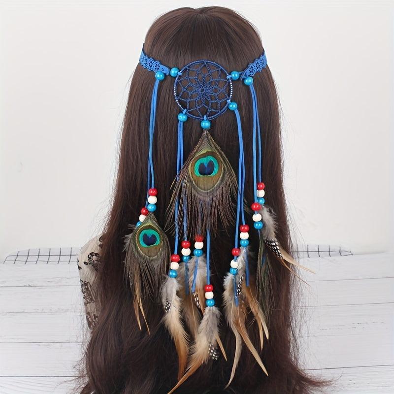 Boho Peacock Feather Hair Rope Headband Hippie Hair Accessories