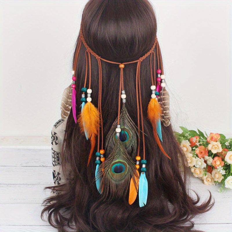 Boho Peacock Feather Hair Rope Headband Hippie Hair Accessories