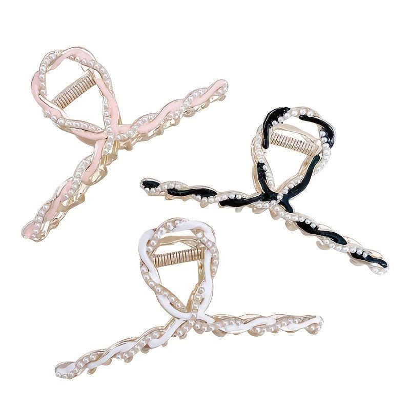 3pcs Faux Pearl Twisted Hair Claw Ponytail Holder Women Girls