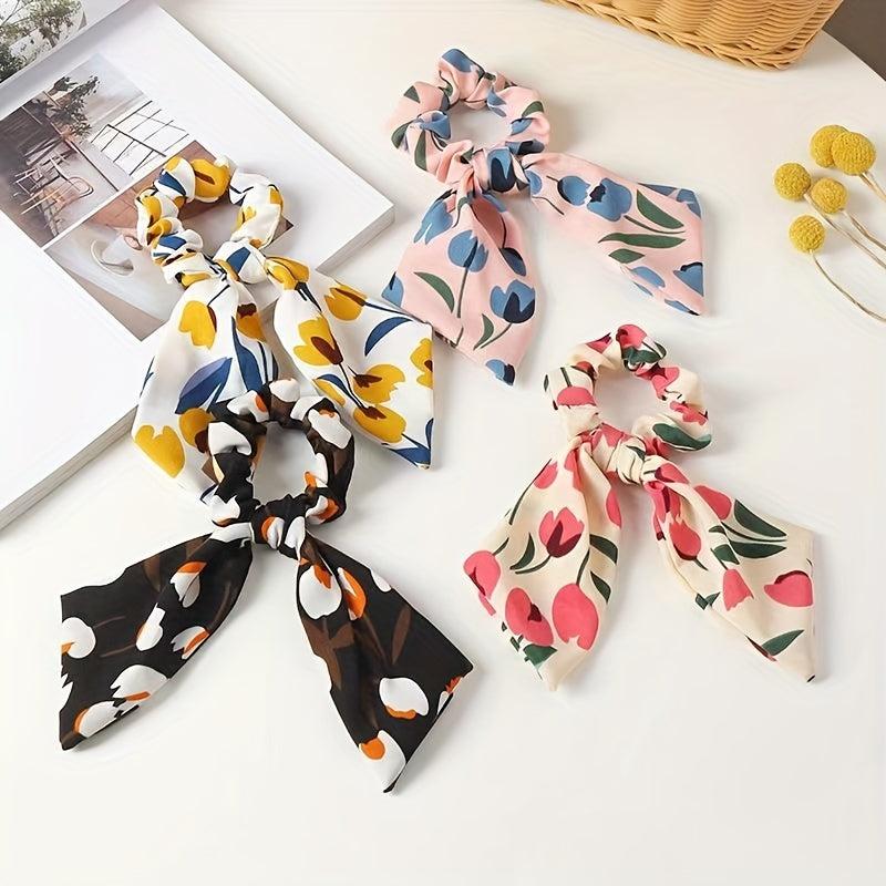 2pcs Boho Tulip Floral Print Hair Scarf Scrunchies Bow Hair Tie