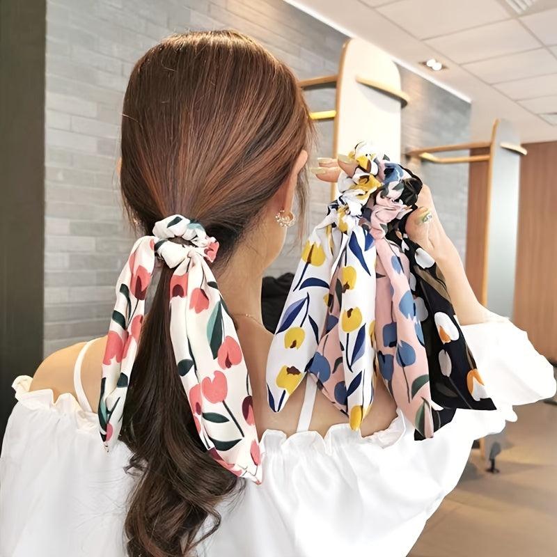 2pcs Boho Tulip Floral Print Hair Scarf Scrunchies Bow Hair Tie