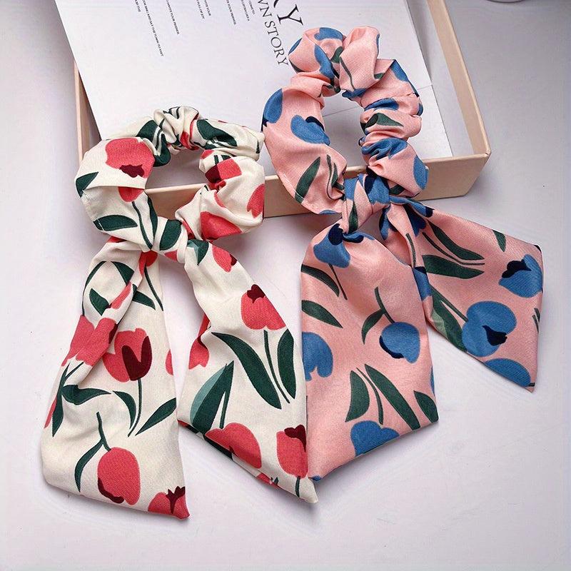 2pcs Boho Tulip Floral Print Hair Scarf Scrunchies Bow Hair Tie