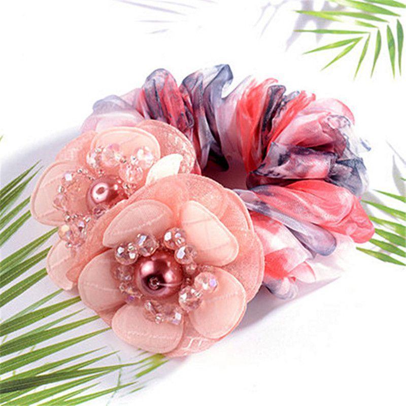Boho Gradient Flower Scrunchies Hair Rope Faux Pearl Accessories