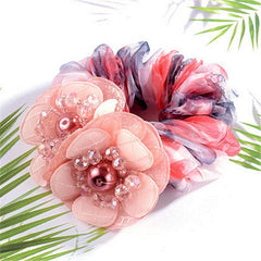 Boho Gradient Flower Scrunchies Hair Rope Faux Pearl Accessories