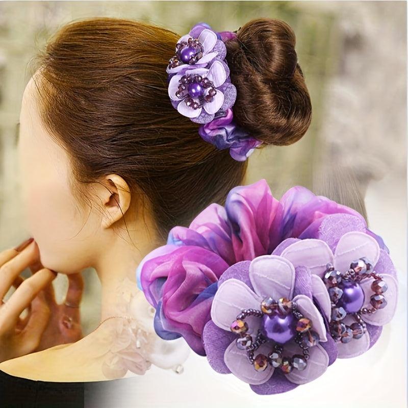 Boho Gradient Flower Scrunchies Hair Rope Faux Pearl Accessories
