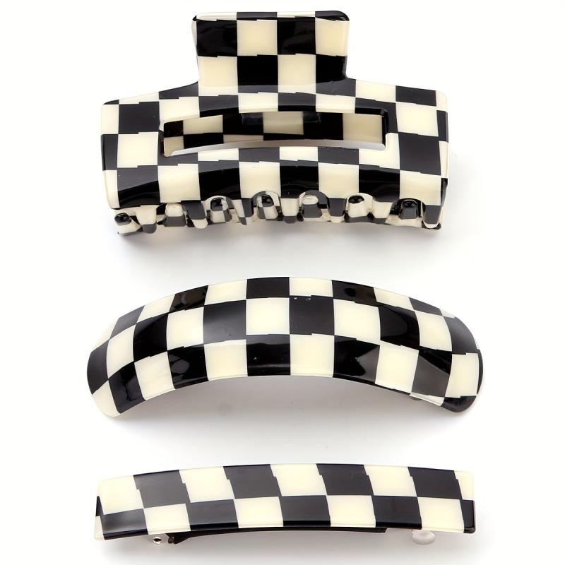 3pcs Checker Pattern Hair Clip Set Plaid Barrette Style Hair Clip
