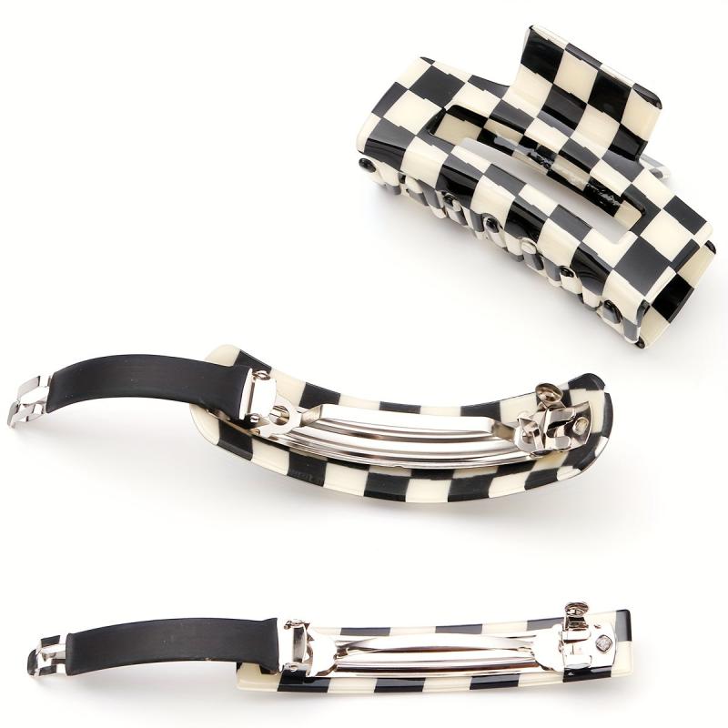 3pcs Checker Pattern Hair Clip Set Plaid Barrette Style Hair Clip