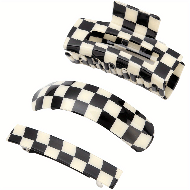 3pcs Checker Pattern Hair Clip Set Plaid Barrette Style Hair Clip