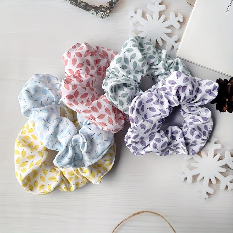 5pcs Leaf Pattern Chiffon Scrunchies Hair Tie Ponytail Holder for Women Girls