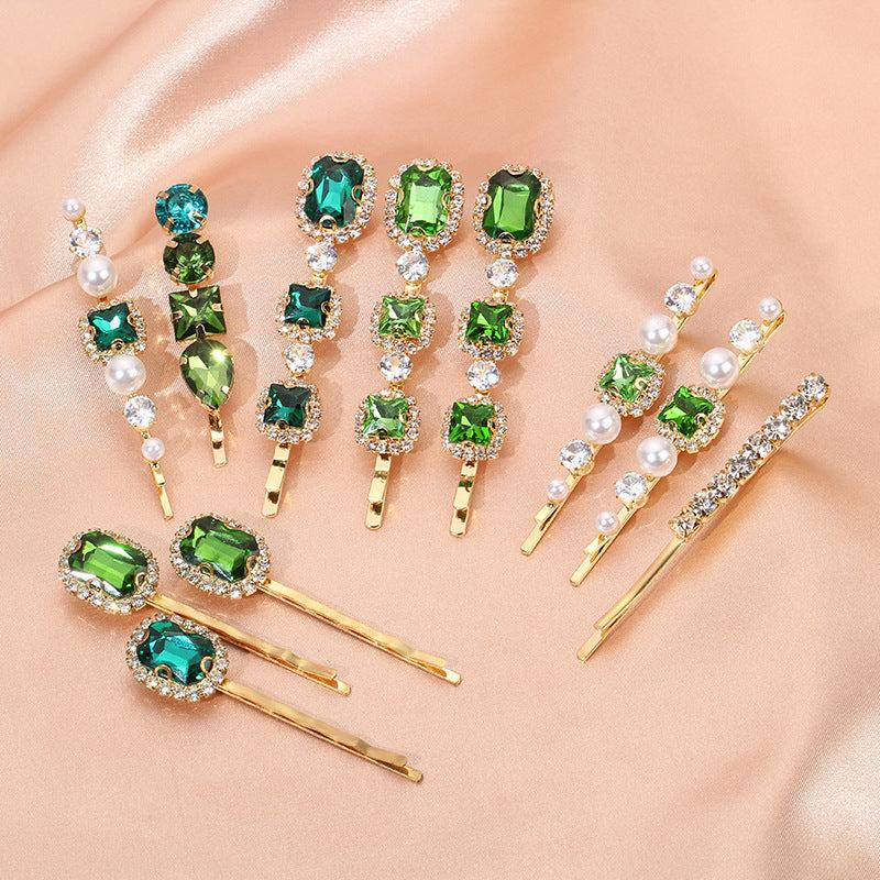 Vintage Green Hair Clip Rhinestone Bobby Pin Bangs Clip