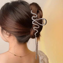 Large Rhinestone Hair Claw Big Wave Hair Clip Strong Hold Tassel Chain Hair Claw