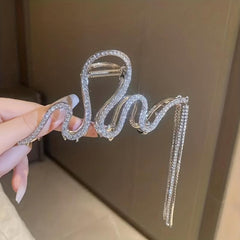 Large Rhinestone Hair Claw Big Wave Hair Clip Strong Hold Tassel Chain Hair Claw