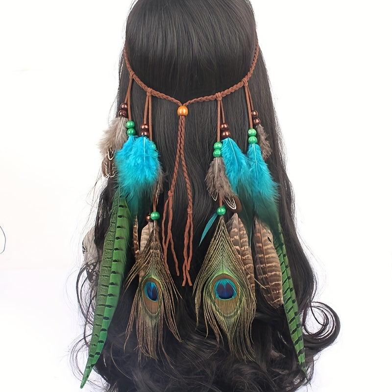 Boho Feather Hair Rope Western Headband Hippie Style Accessory