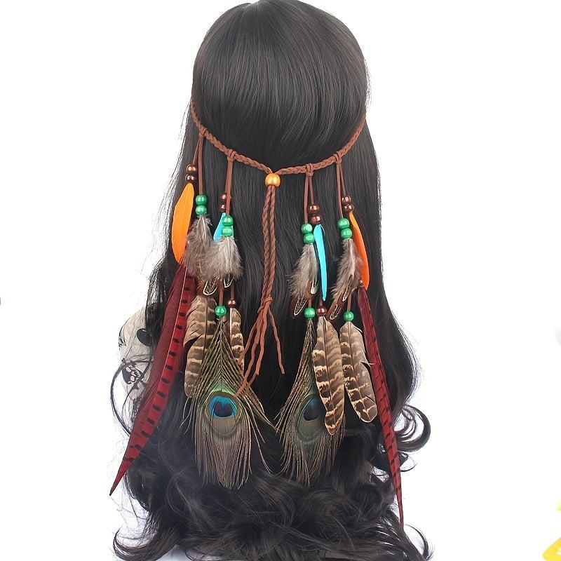 Boho Feather Hair Rope Western Headband Hippie Style Accessory