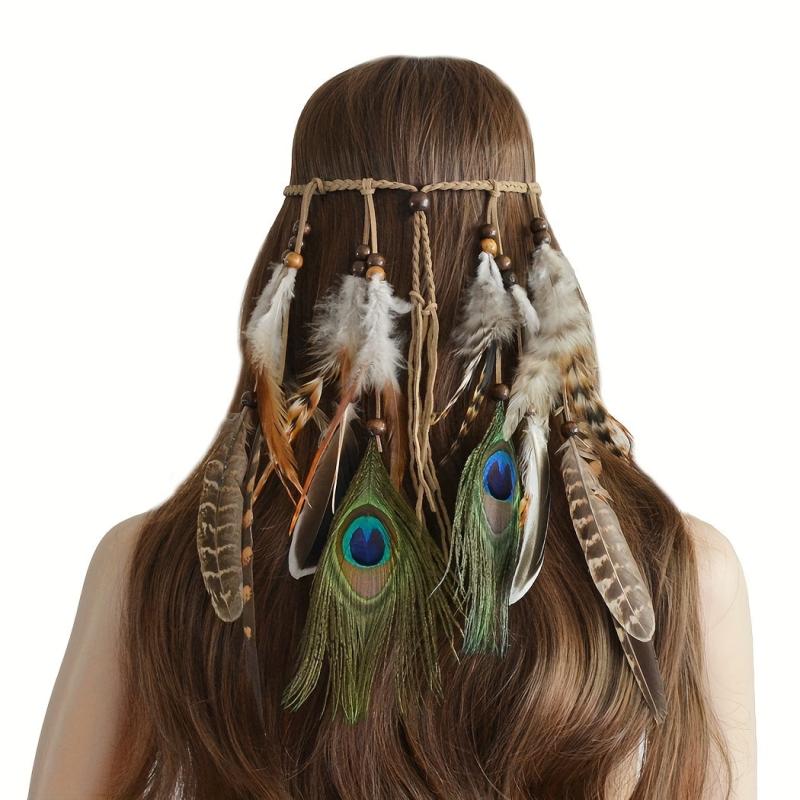 Boho Feather Hair Rope Western Headband Hippie Style Accessory
