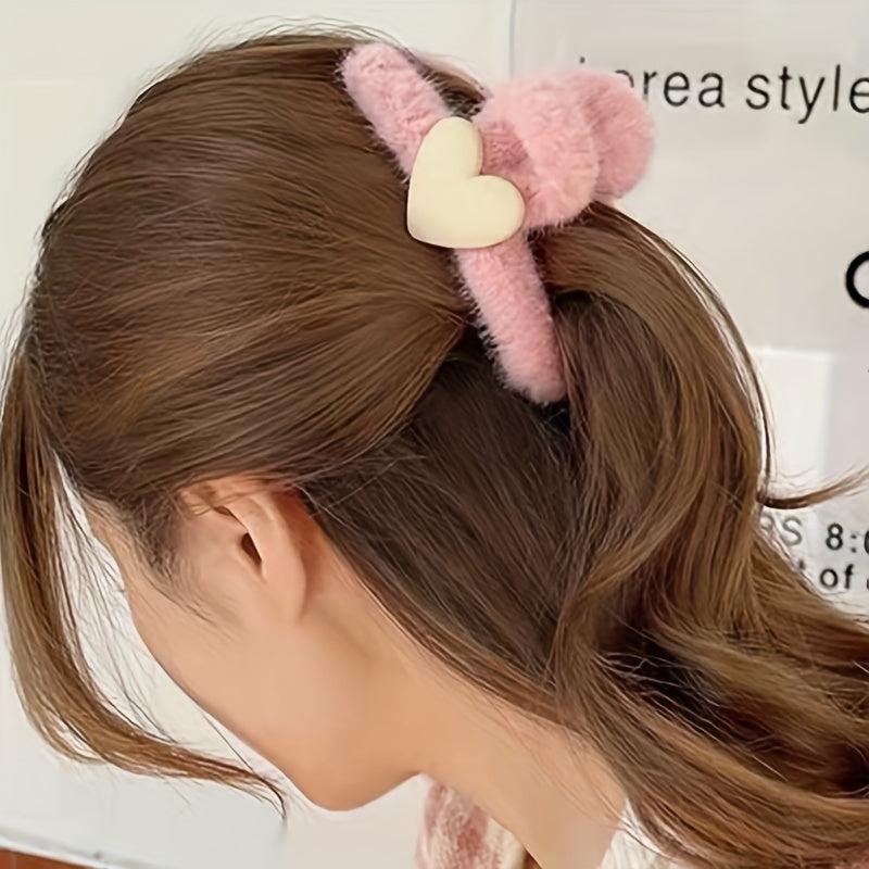 Fluffy Plush Heart Hair Claw Clips Multicolor Strong Hold Hairpins