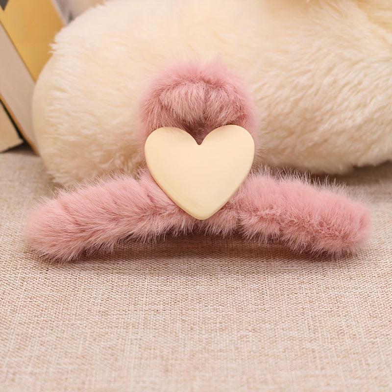Fluffy Plush Heart Hair Claw Clips Multicolor Strong Hold Hairpins
