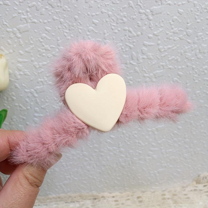 Fluffy Plush Heart Hair Claw Clips Multicolor Strong Hold Hairpins