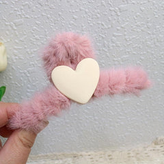 Fluffy Plush Heart Hair Claw Clips Multicolor Strong Hold Hairpins