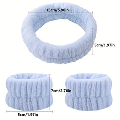 3pcs Soft Headband & Wristband Set for Face Washing Makeup Skincare