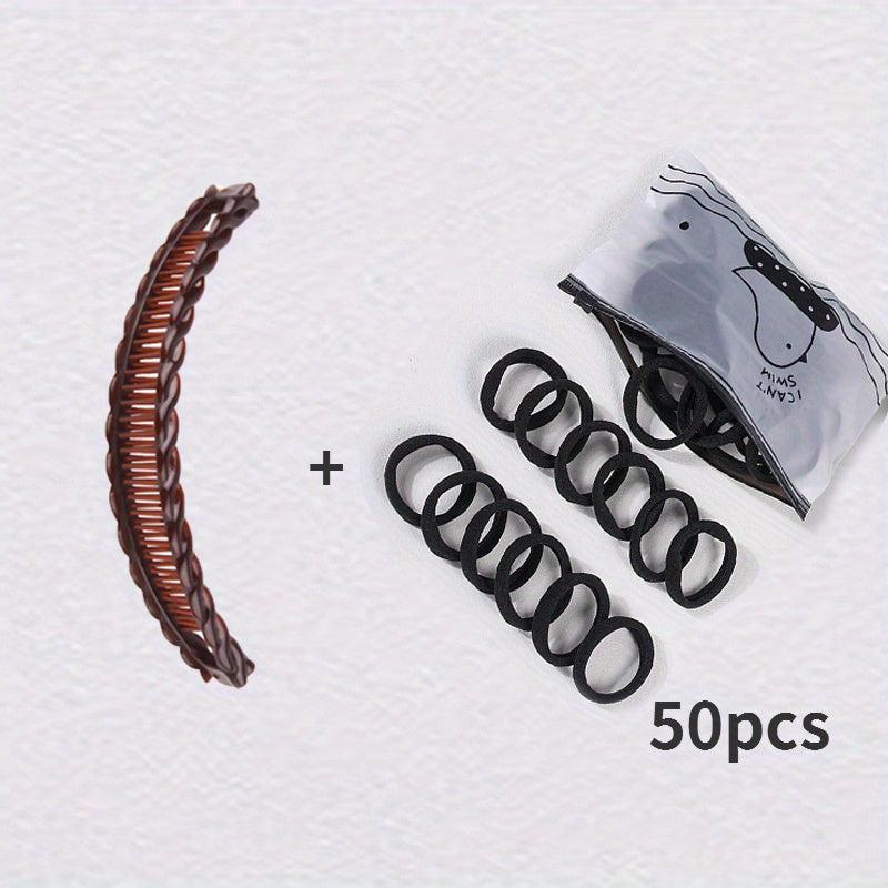 50 Hair Ties + 1 Solid Vintage Hair Clip Set Ladies Wave Comb Braid Hairstyle