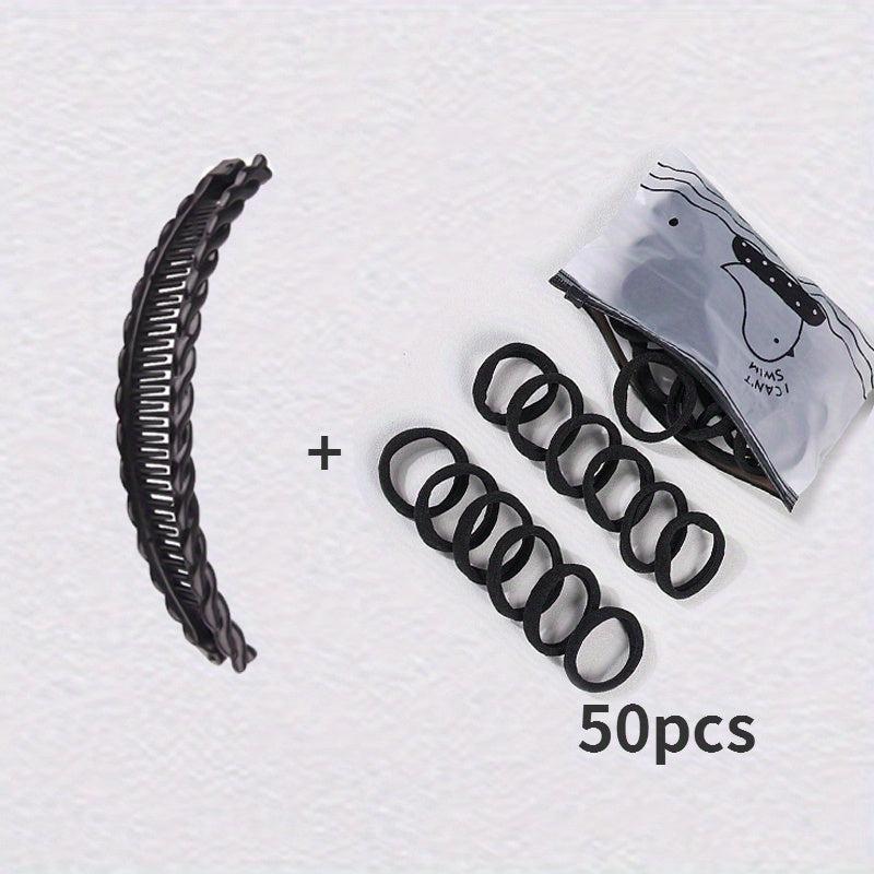 50 Hair Ties + 1 Solid Vintage Hair Clip Set Ladies Wave Comb Braid Hairstyle