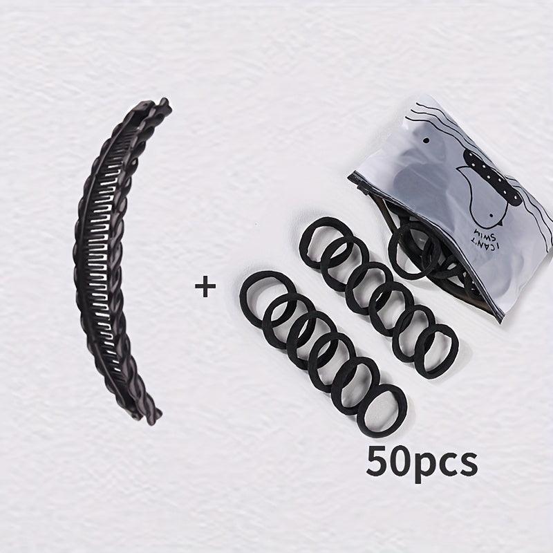 50 Hair Ties + 1 Solid Vintage Hair Clip Set Ladies Wave Comb Braid Hairstyle